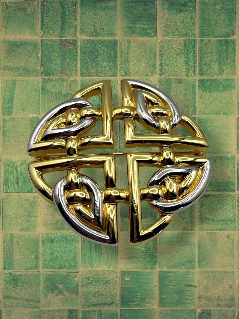 Large Vintage Gold and Silver Tone Celtic Shield Knot Statement Brooch Irish